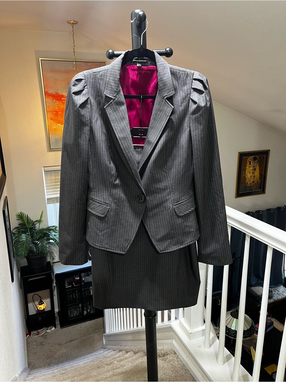 Vintage Y2K Express Pink/Gray Pinstripe Blazer And Skirt Set Size 10